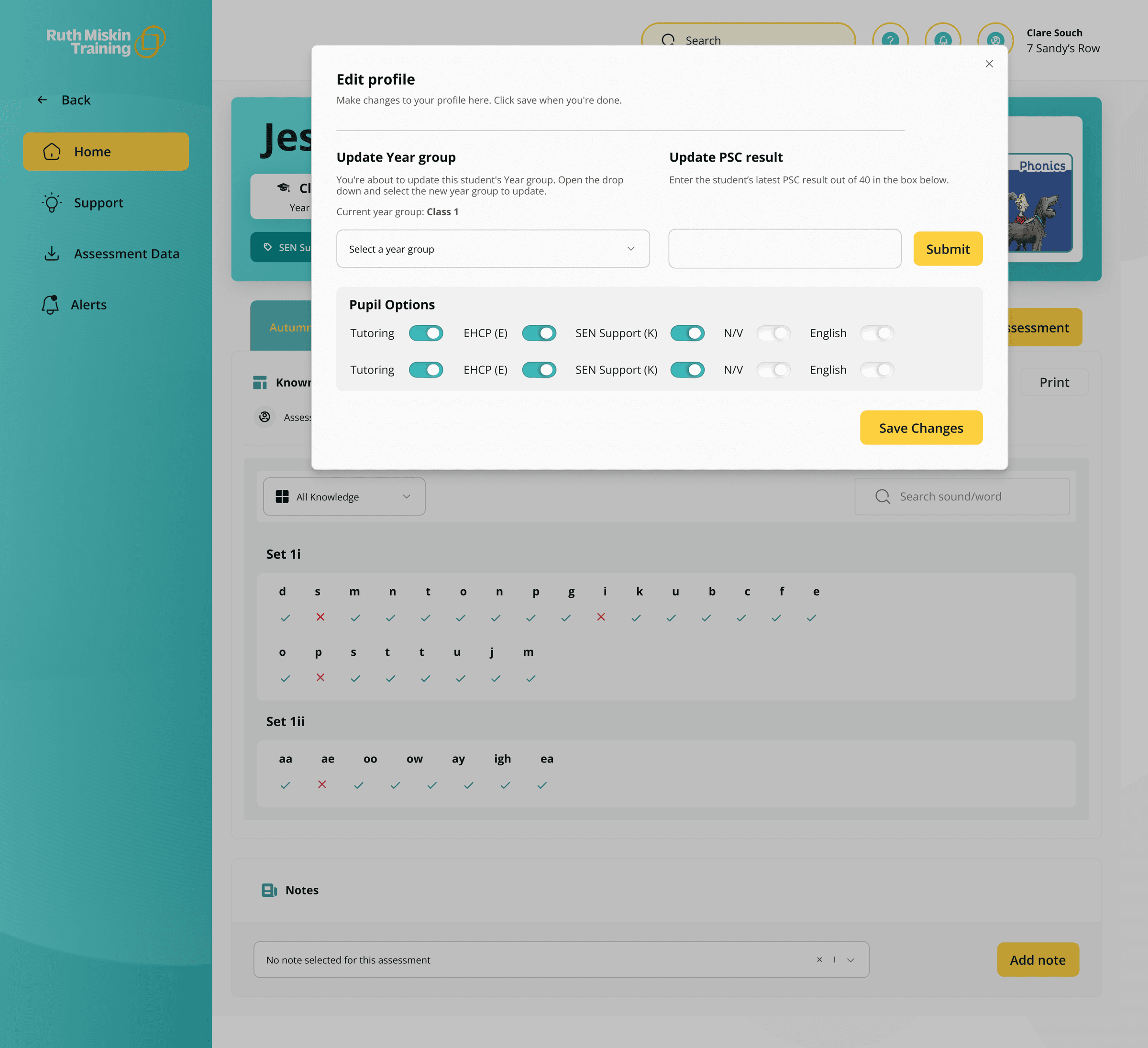 Ruth Miskin edit profile modal for pupil details