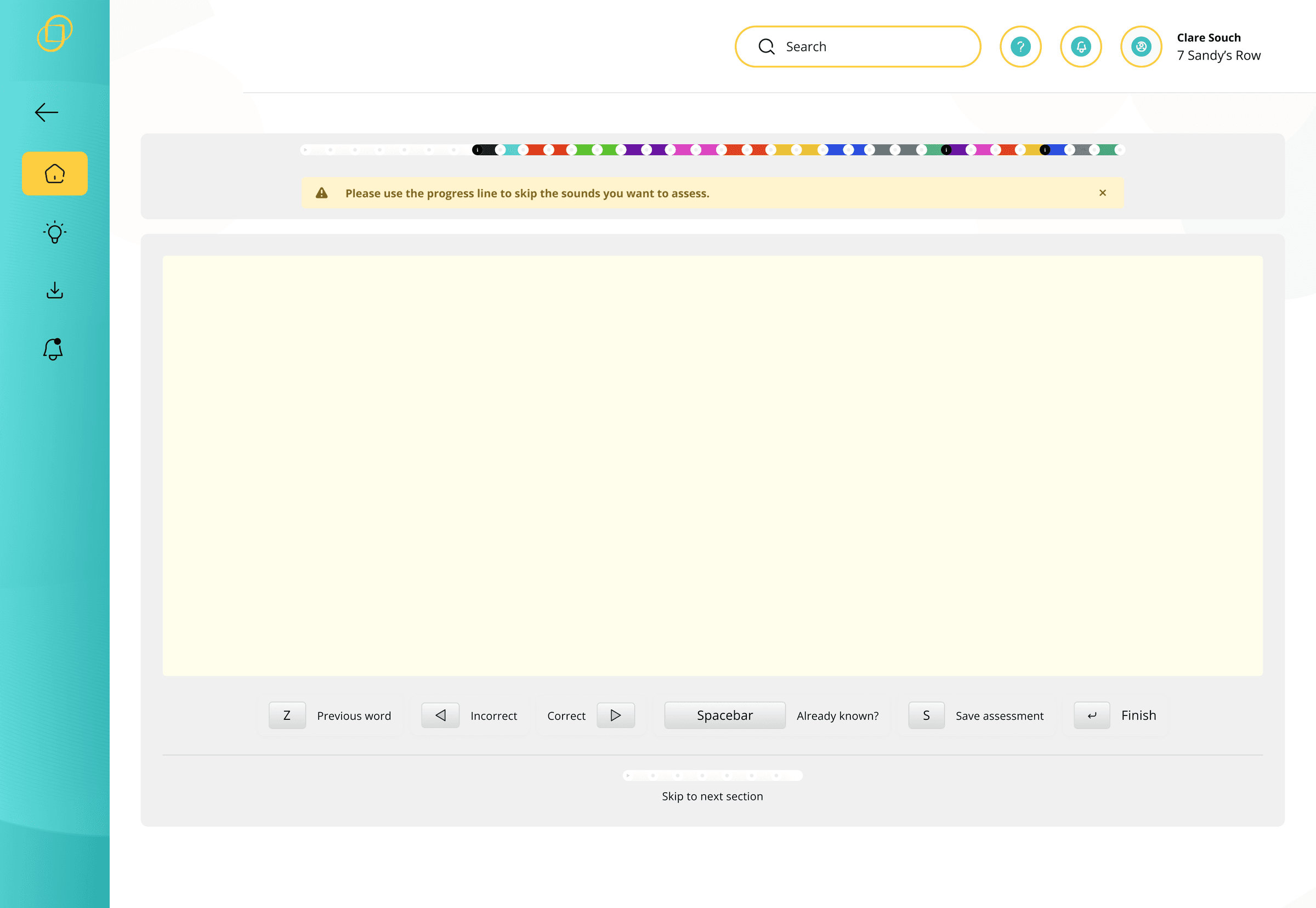 Ruth Miskin live assessment screen with progress tracker and keyboard shortcuts