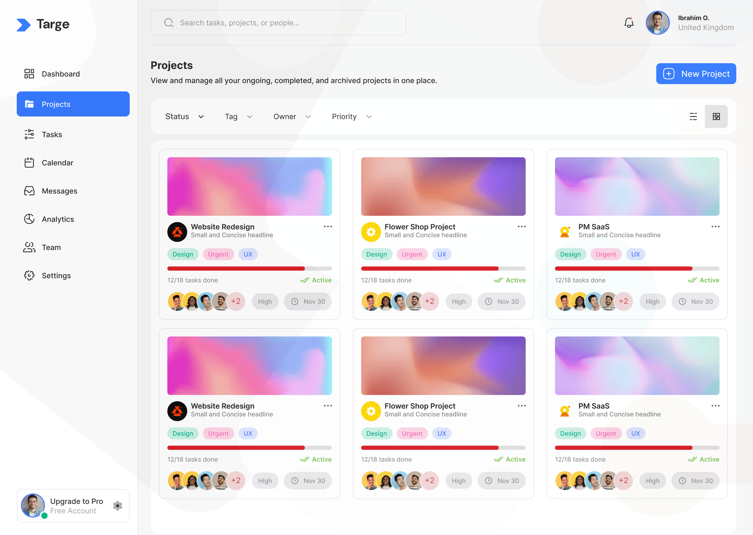 Targe projects grid with progress, tags, and team avatars