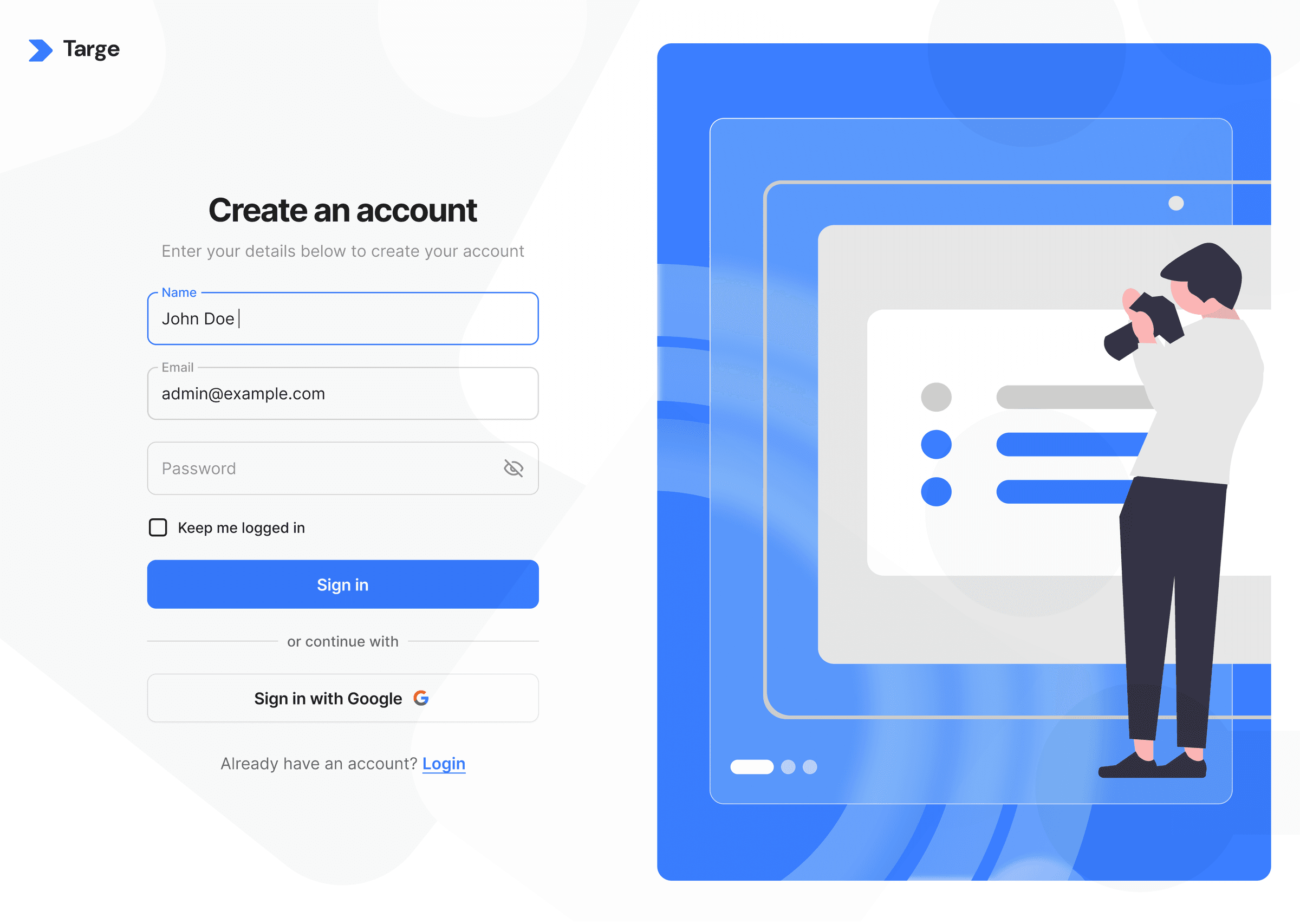 Targe sign up screen with Google authentication