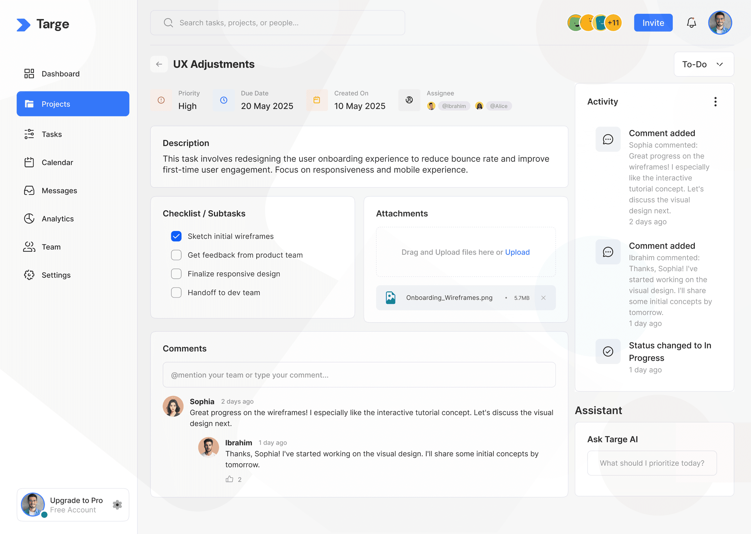Targe task detail view with subtasks, attachments, and comments
