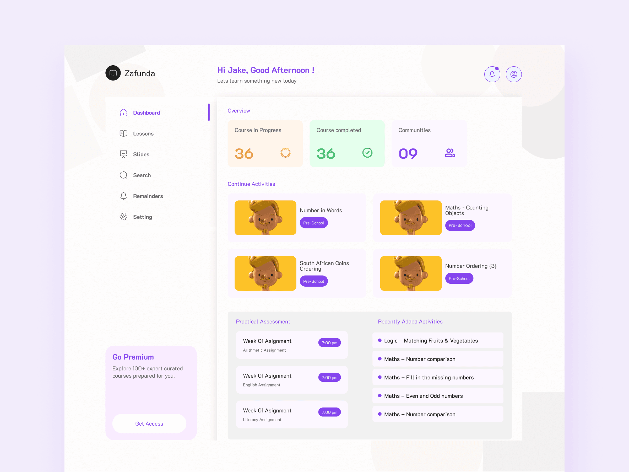 Zafunda learner dashboard with progress stats and continue activities
