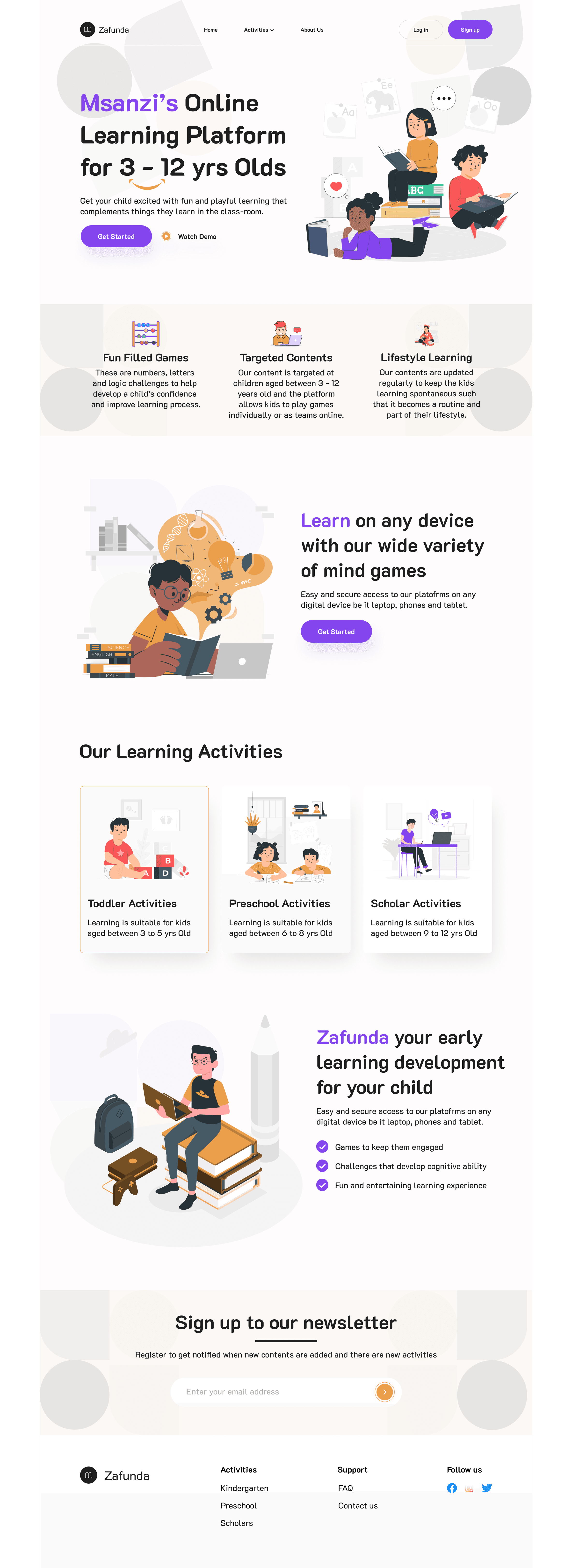 Zafunda learning platform homepage and key UI surfaces