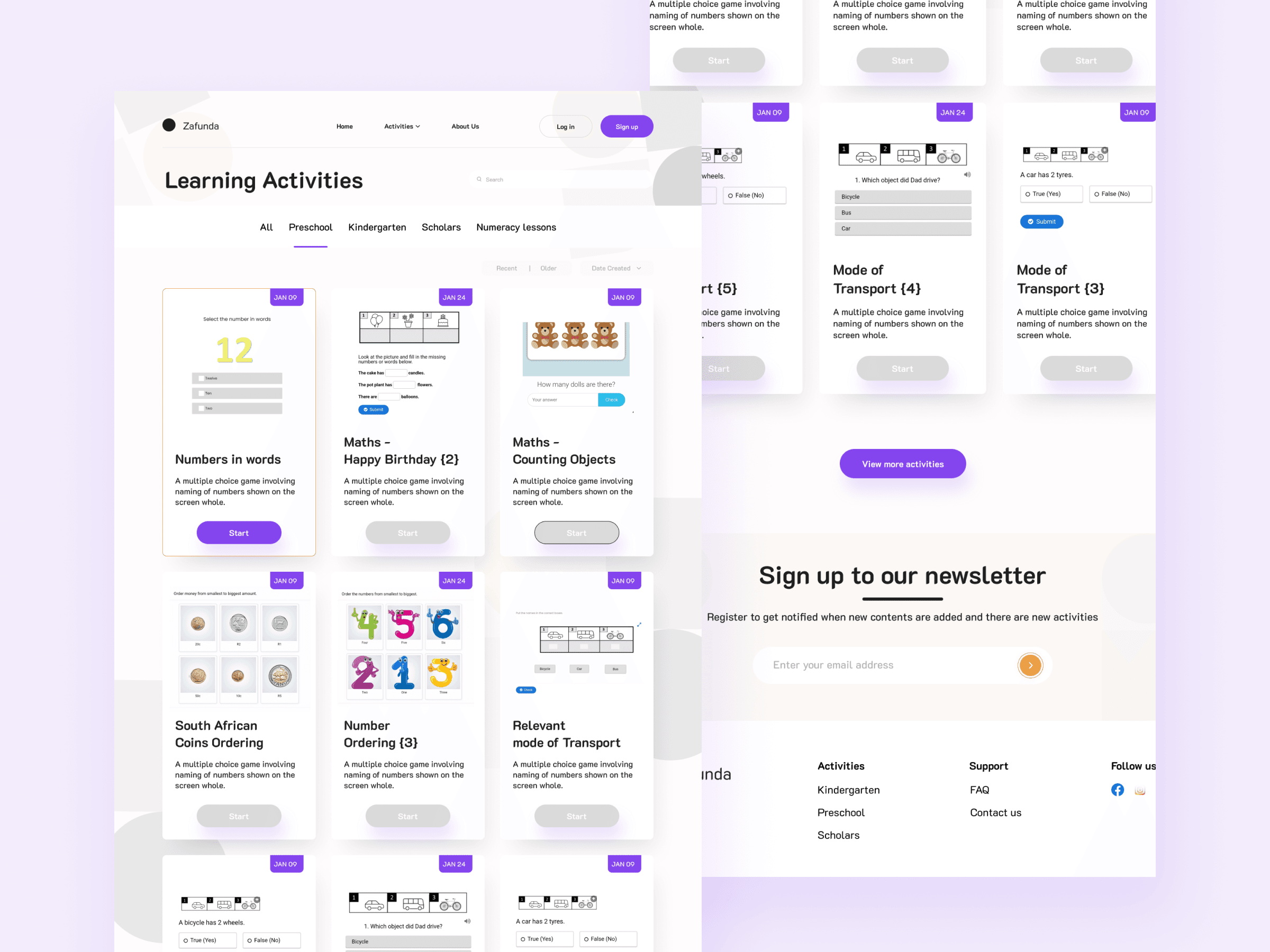 Zafunda learning activities library with category filters and activity cards