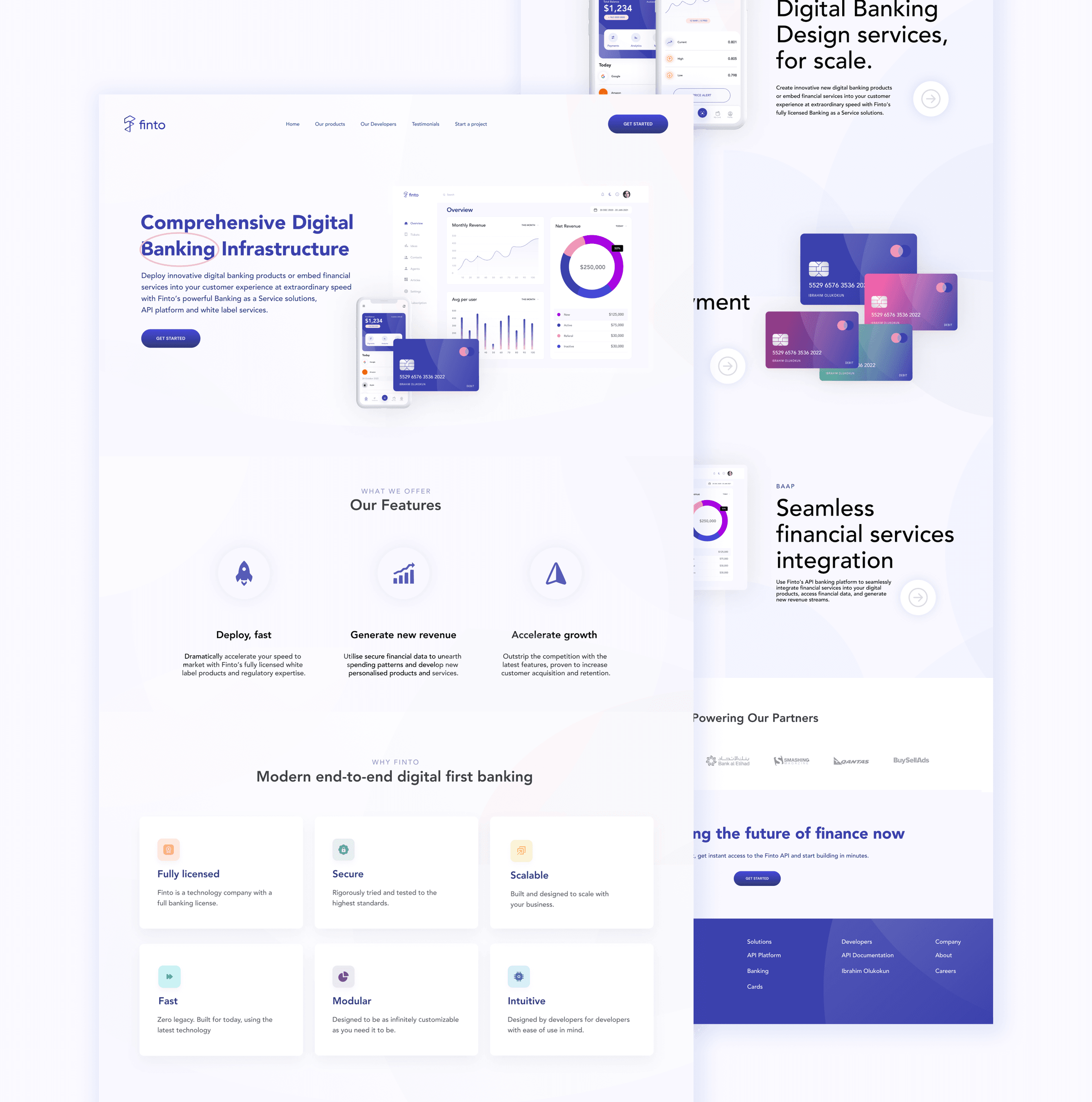 Finto marketing website with BaaS positioning, feature cards, and product mockups
