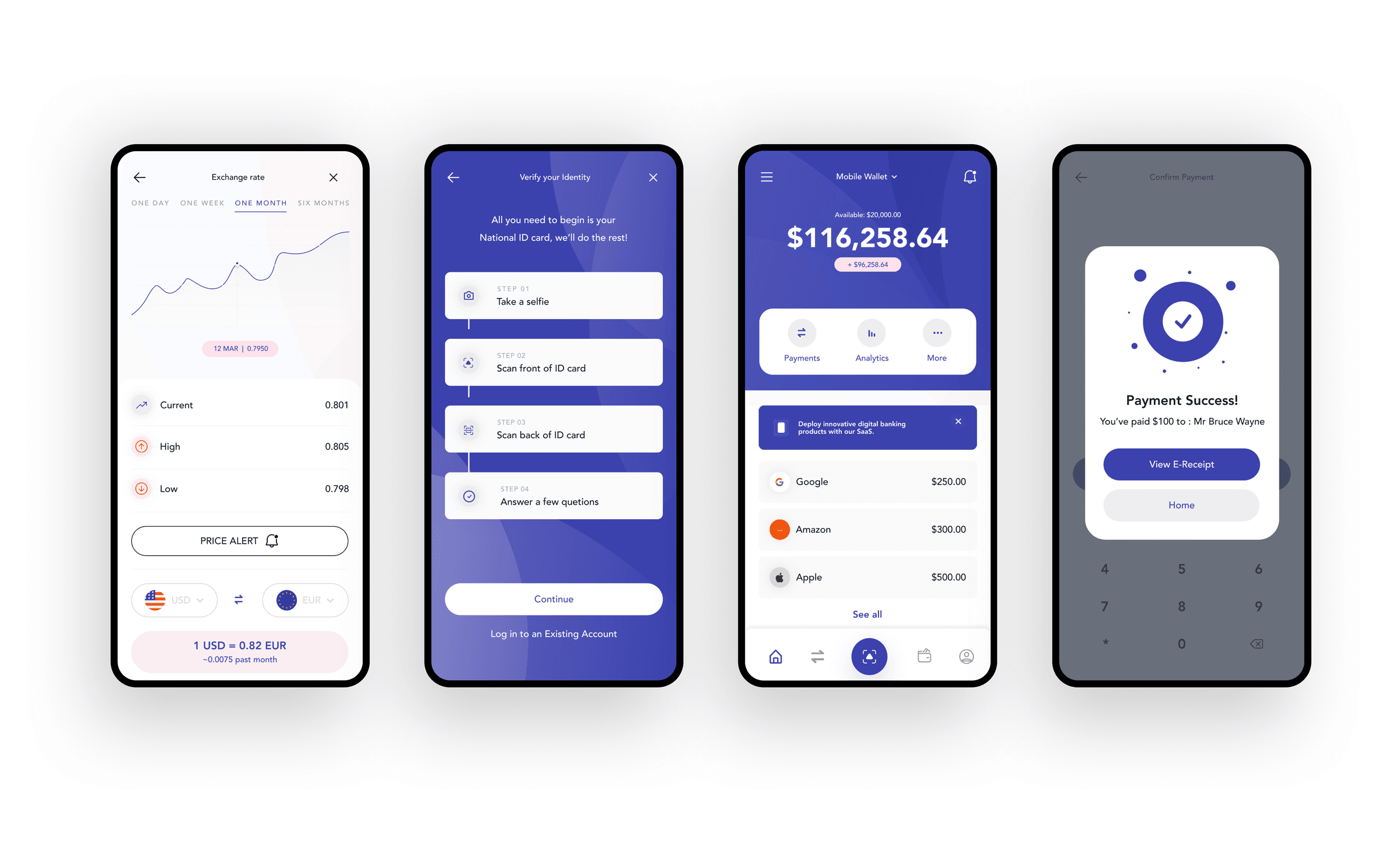 Finto mobile screens showing wallet dashboard, exchange rates, identity verification, and payment success