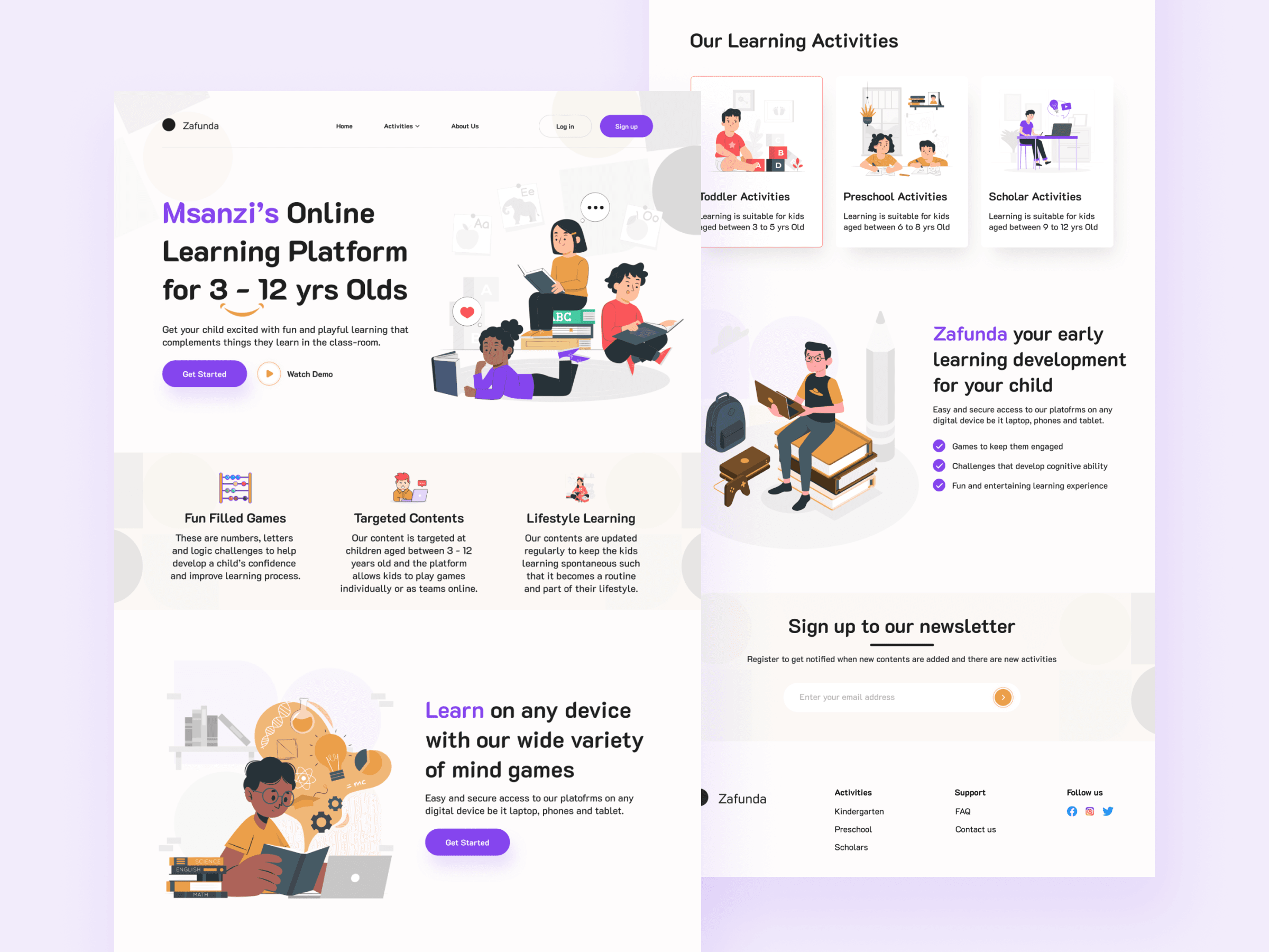 Zafunda marketing landing page with hero, feature cards, and age-banded activity sections