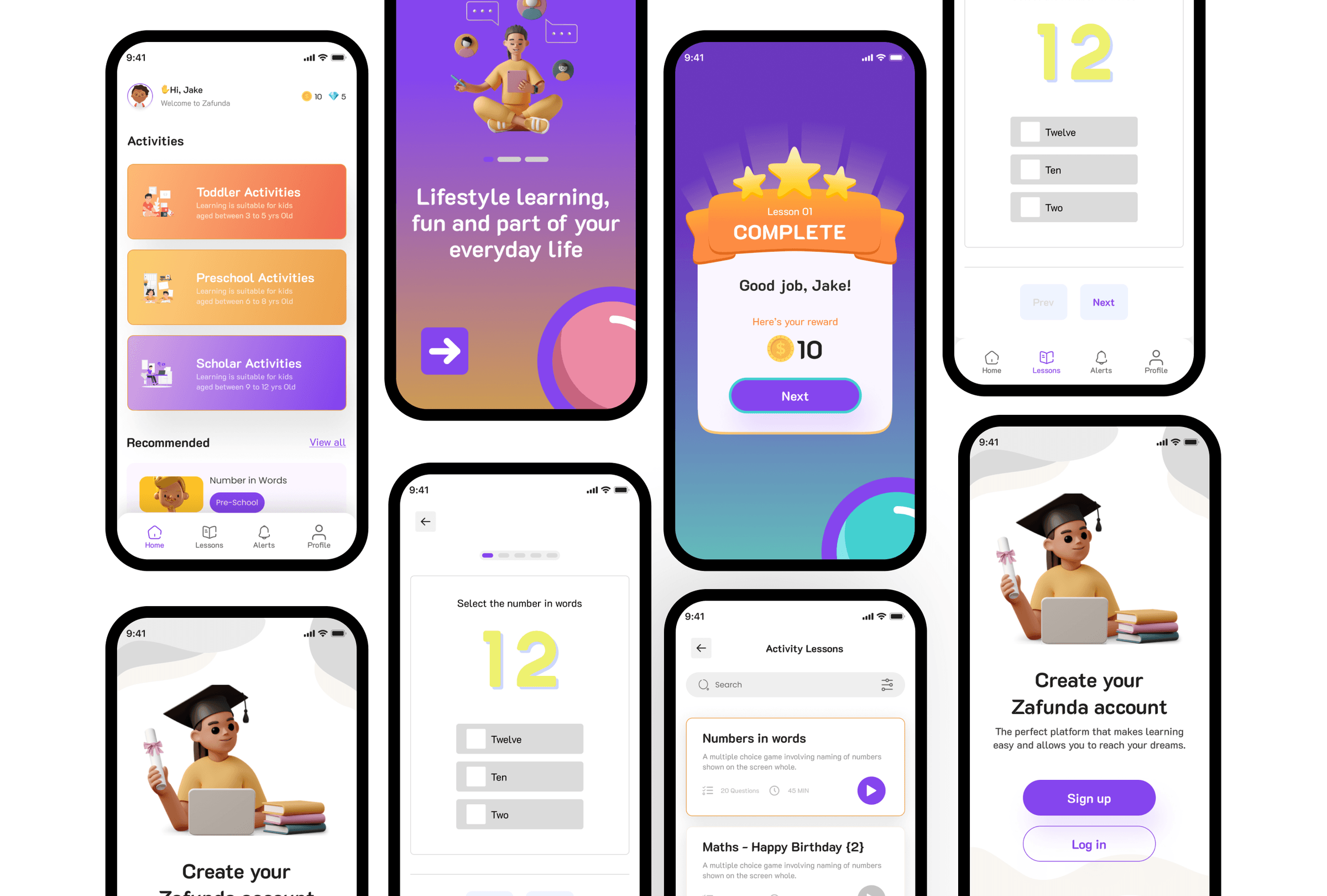 Zafunda mobile screens showing signup, activities hub, lessons, quiz, onboarding, and lesson rewards